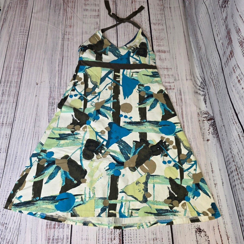 Patagonia Iliana Halter Dress Large Blue Green Abstract Floral Organic Cotton L